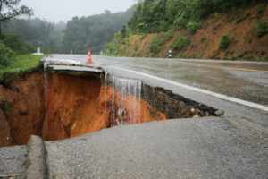 Collapsed asphalt road