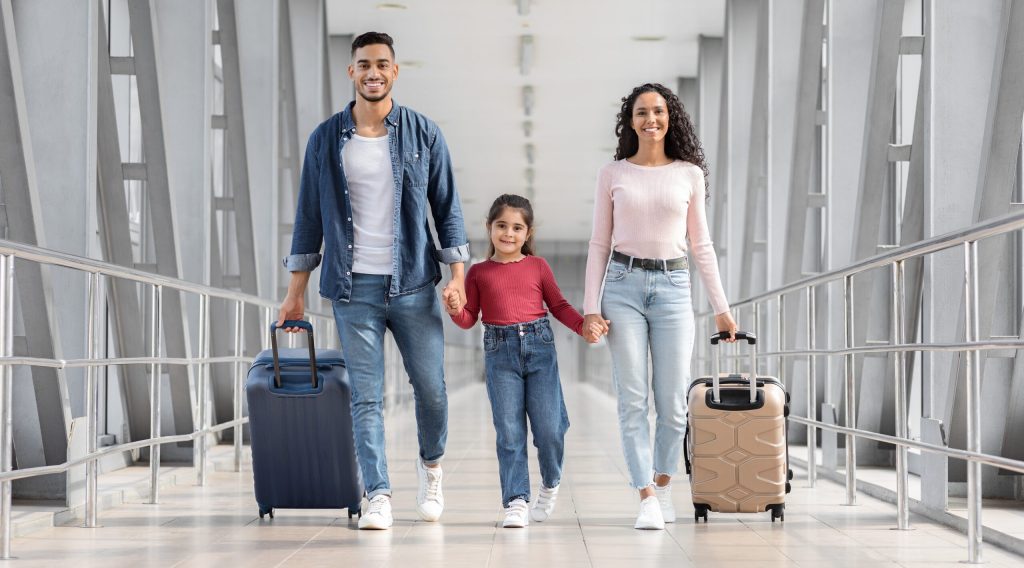 Ready,For,Vacation.,Happy,Middle,Eastern,Family,Of,Three,Walking